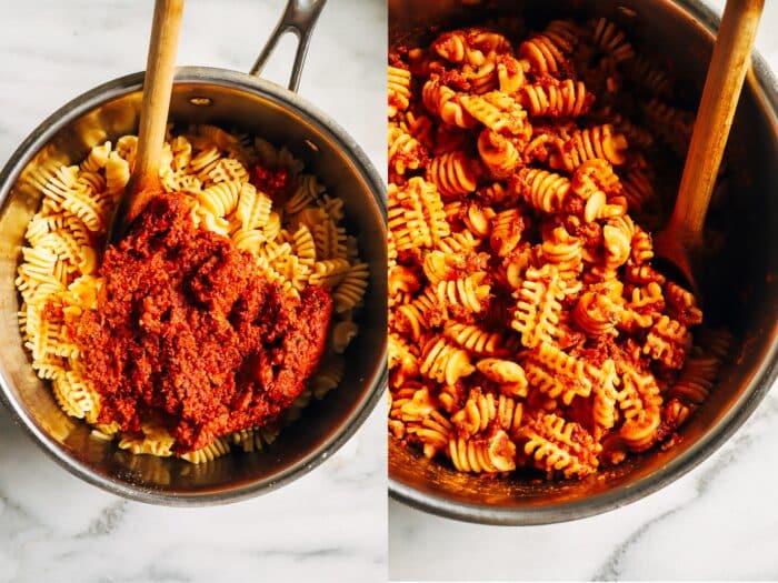 Ready in just 30 minutes, this sundried tomato pesto pasta is bursting with umami flavor. Perfect for a quick and easy summer dinner! (vegan + gluten-free)
