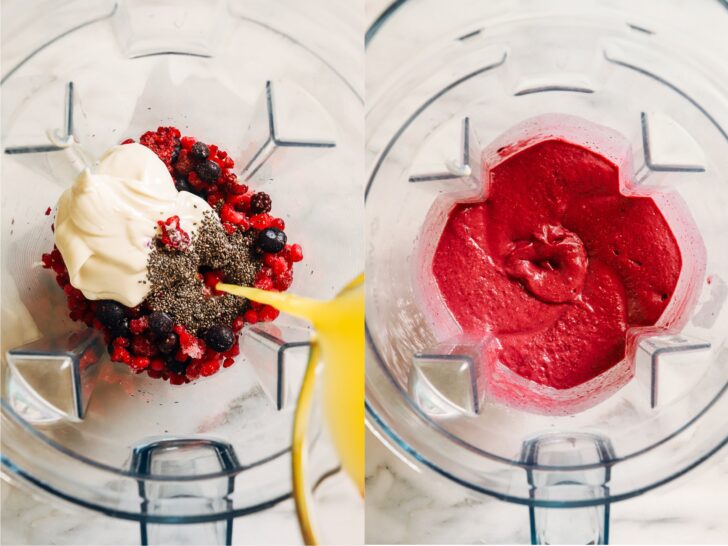 Super Berry Pomegranate Smoothie- Made with just 5 ingredients, this smoothie is an antioxidant powerhouse. Each smoothie packs 10 grams of protein and 12 grams of fiber! (vegan, gluten-free)