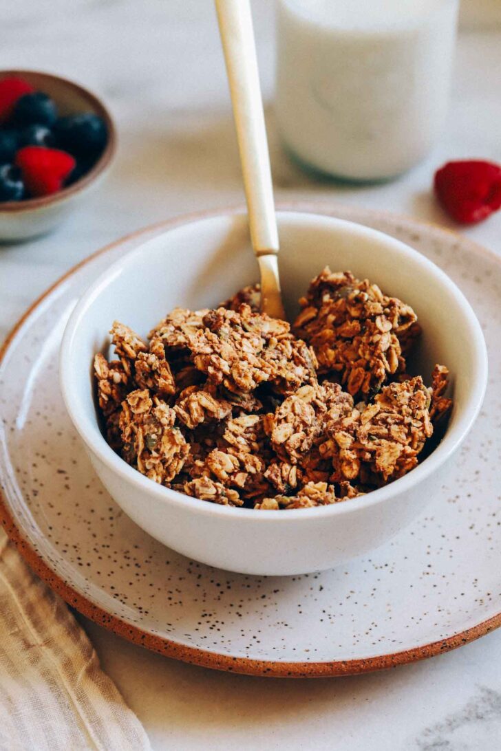 Made in one-bowl with simple pantry ingredients, each serving of this granola packs 7 grams of protein! (vegan + gluten-free)