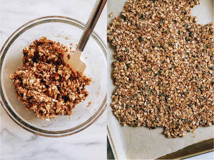 Made in one-bowl with simple pantry ingredients, each serving of this granola packs 7 grams of protein! (vegan + gluten-free)