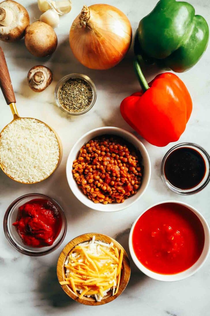 Lentil Stuffed Pepper Skillet- Made in one-pot, this vegan version of a stuffed pepper skillet is easy to prep and packs 23 grams of protein and 21 grams of fiber per serving!