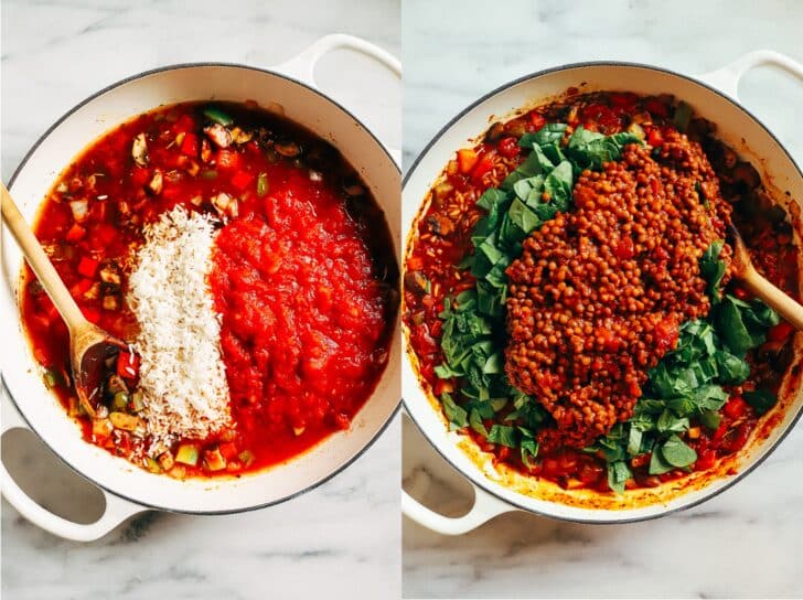 Lentil Stuffed Pepper Skillet- Made in one-pot, this vegan version of a stuffed pepper skillet is easy to prep and packs 23 grams of protein and 21 grams of fiber per serving!