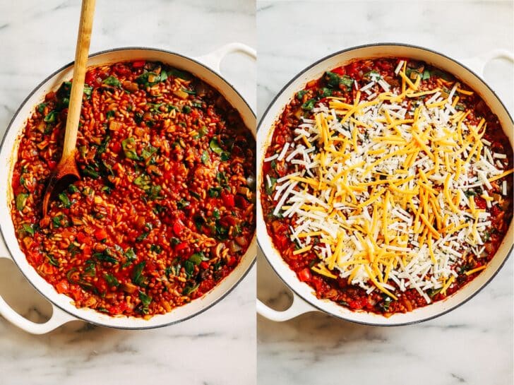 Lentil Stuffed Pepper Skillet- Made in one-pot, this vegan version of a stuffed pepper skillet is easy to prep and packs 23 grams of protein and 21 grams of fiber per serving!