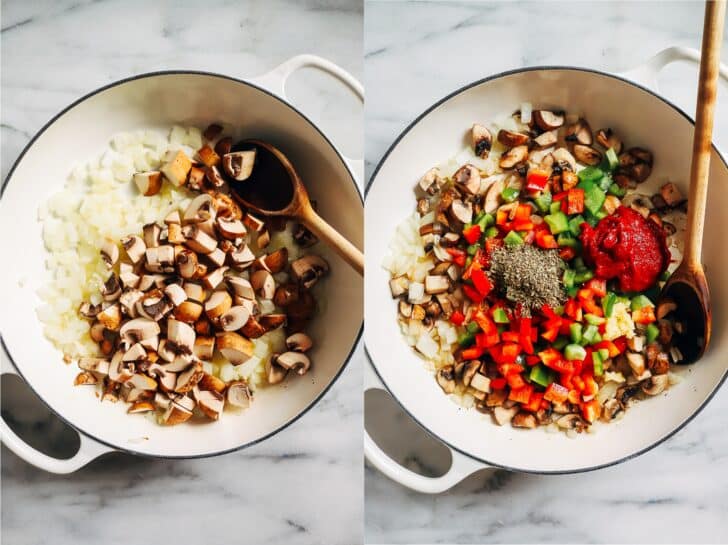 Lentil Stuffed Pepper Skillet- Made in one-pot, this vegan version of a stuffed pepper skillet is easy to prep and packs 23 grams of protein and 21 grams of fiber per serving!