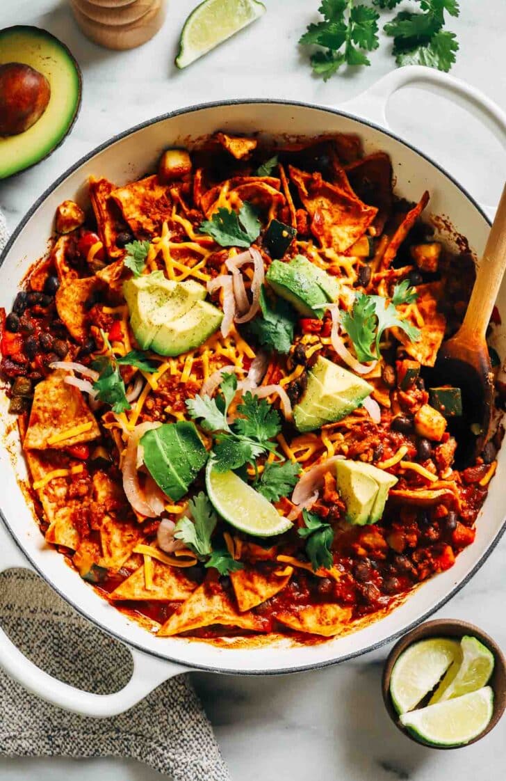 One-Pot Vegan Enchilada Skillet- A deconstructed version of plant-based enchiladas that comes together in one skillet. Requiring just 30-minutes to make, it's the perfect quick easy weeknight meal! (high-protein + gluten-free)