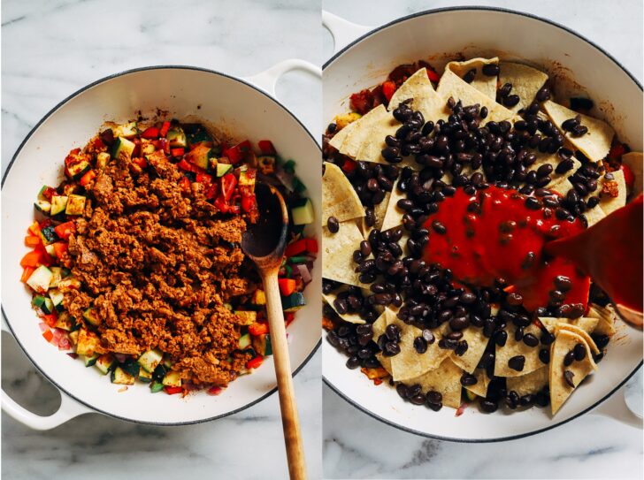 One-Pot Vegan Enchilada Skillet- A deconstructed version of plant-based enchiladas that comes together in one skillet. Requiring just 30-minutes to make, it's the perfect quick easy weeknight meal! (high-protein + gluten-free)
