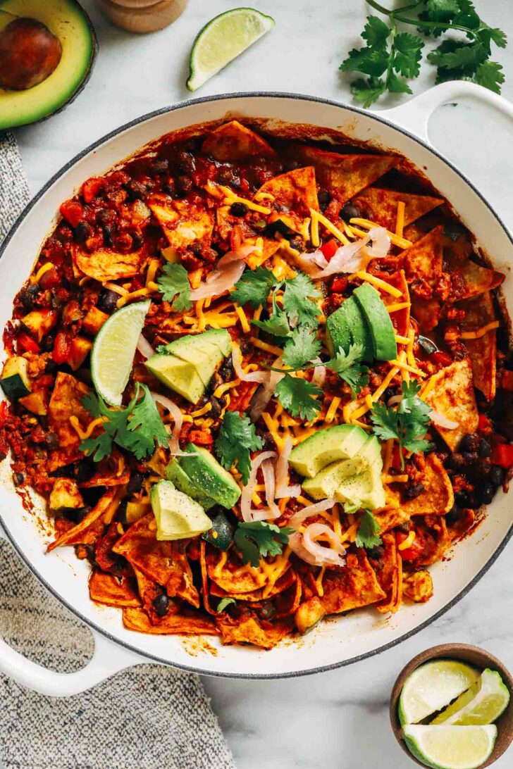 One-Pot Vegan Enchilada Skillet- A deconstructed version of plant-based enchiladas that comes together in one skillet. Requiring just 30-minutes to make, it's the perfect quick easy weeknight meal! (high-protein + gluten-free)