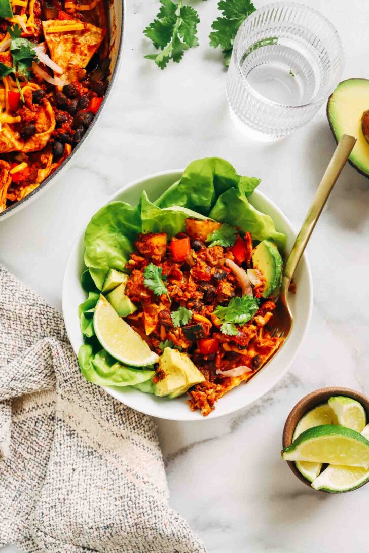 One-Pot Vegan Enchilada Skillet- A deconstructed version of plant-based enchiladas that comes together in one skillet. Requiring just 30-minutes to make, it's the perfect quick easy weeknight meal! (high-protein + gluten-free)